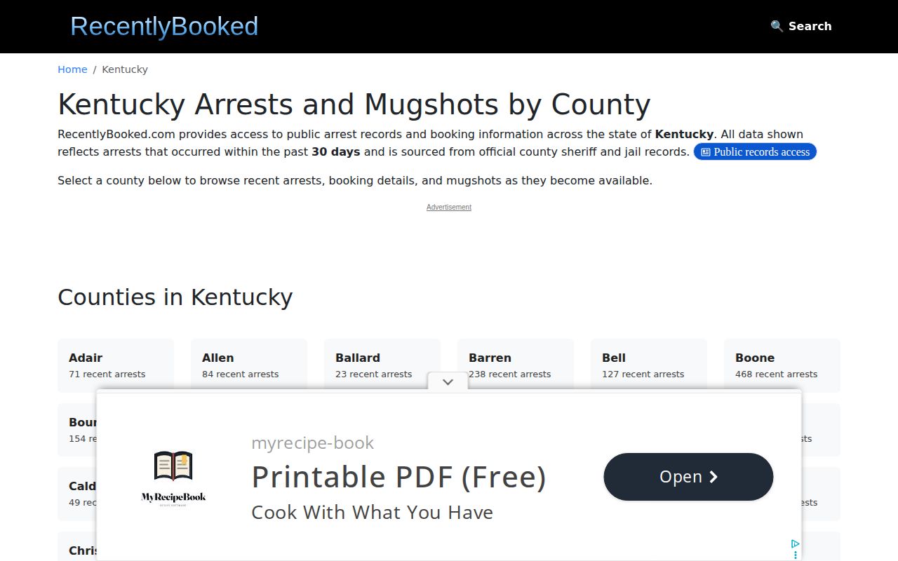 Unofficial RecentlyBooked Kentucky county directory