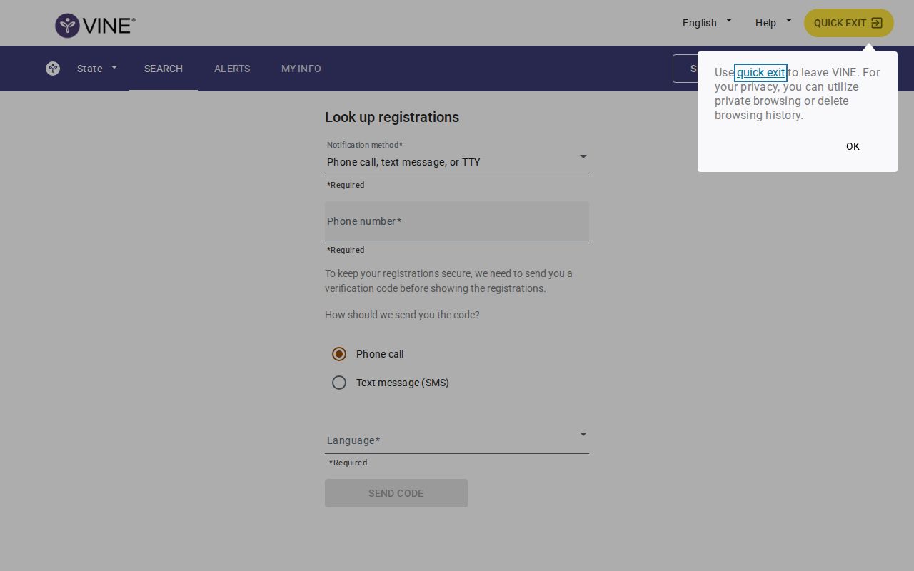 VINELink registration search screen for managing custody alerts