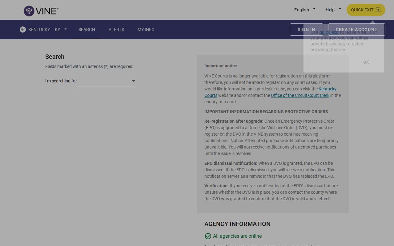 Official VINELink Kentucky person custody search screen